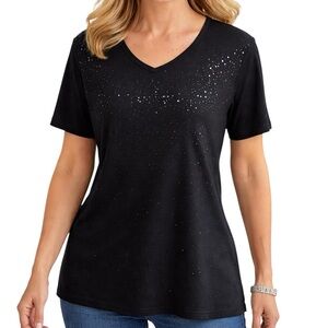 Quacker Factory Black Short Sleeve V-Neck Top